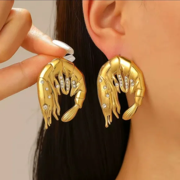 Gold Shrimp Earrings with Silver Accents - Picture 1 of 6